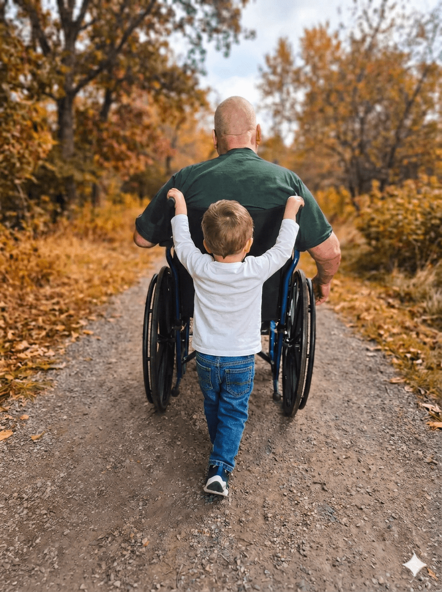 A child pushes a wheelchair with an adult on a forest path.